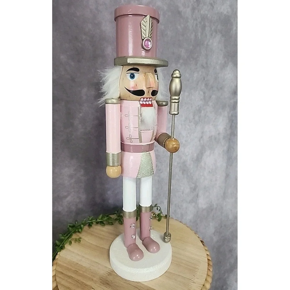 Pink White Guard Soldier Nutcracker Glitter‎ Wooden 14